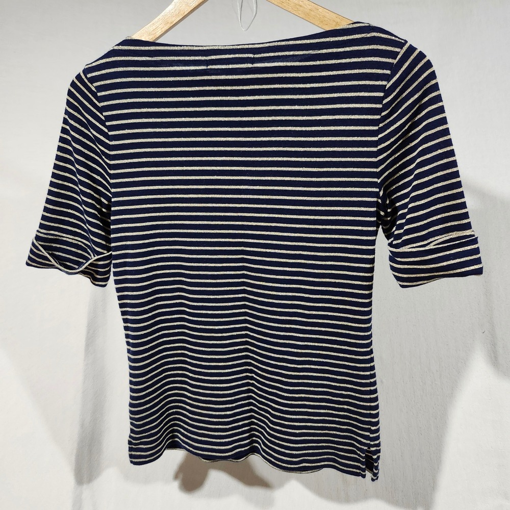LAUREN Ralph Lauren Women's M Striped Metallic Gold & Navy Boatneck TShirt Top - Picture 3 of 11